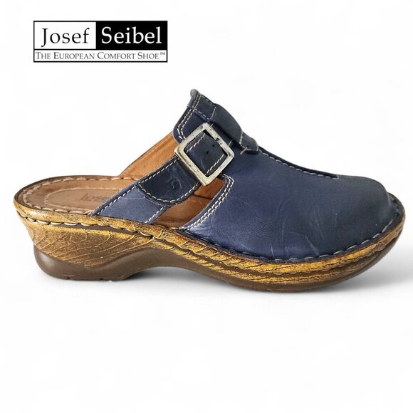 JOSEF SEIBEL Leather Buckle Clogs navy blue EU 37 (approx. US women's 6.5–7) - Picture 3 of 11